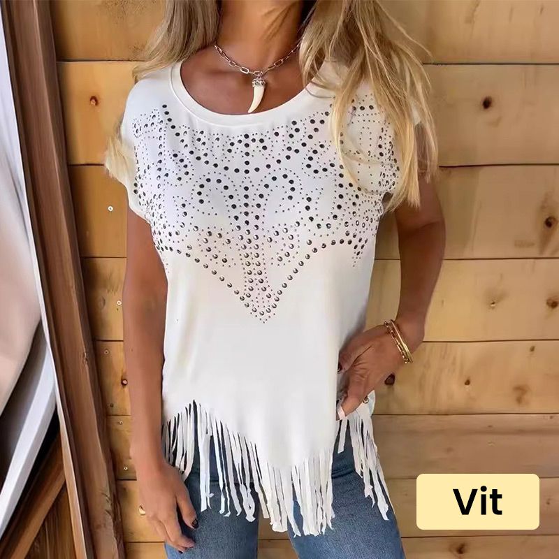 "T-shirt uni pour femme à manches courtes, imprimé tendance et ourlet effiloché."