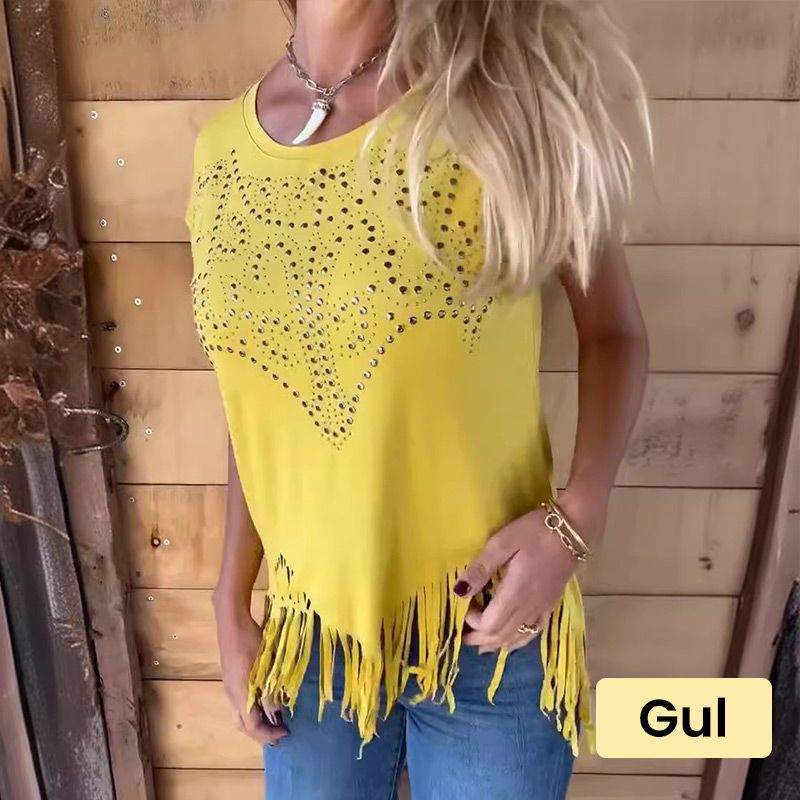 "T-shirt uni pour femme à manches courtes, imprimé tendance et ourlet effiloché."