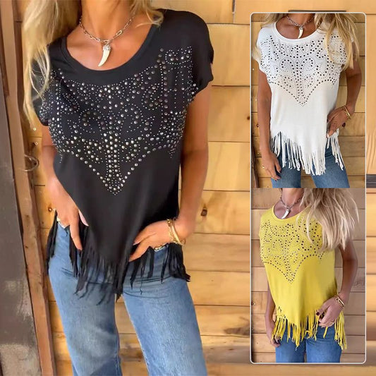 "T-shirt uni pour femme à manches courtes, imprimé tendance et ourlet effiloché."