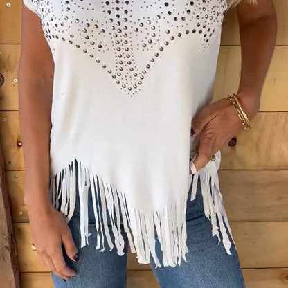 "T-shirt uni pour femme à manches courtes, imprimé tendance et ourlet effiloché."